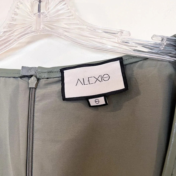 Alexis Vanna Faux Leather Sage Green Square Neck Long Bell Sleeve Mini Dress - Picture 6 of 8